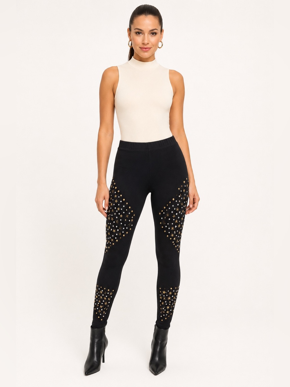 Women’s Size Small Black Gold Star Stud Embellished Cotton Blend Leggings